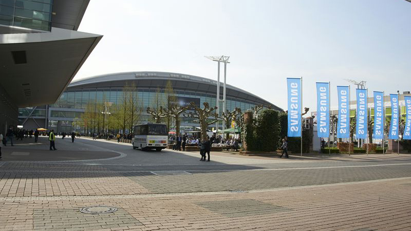 Messe Frankfurt fair ground with a bus