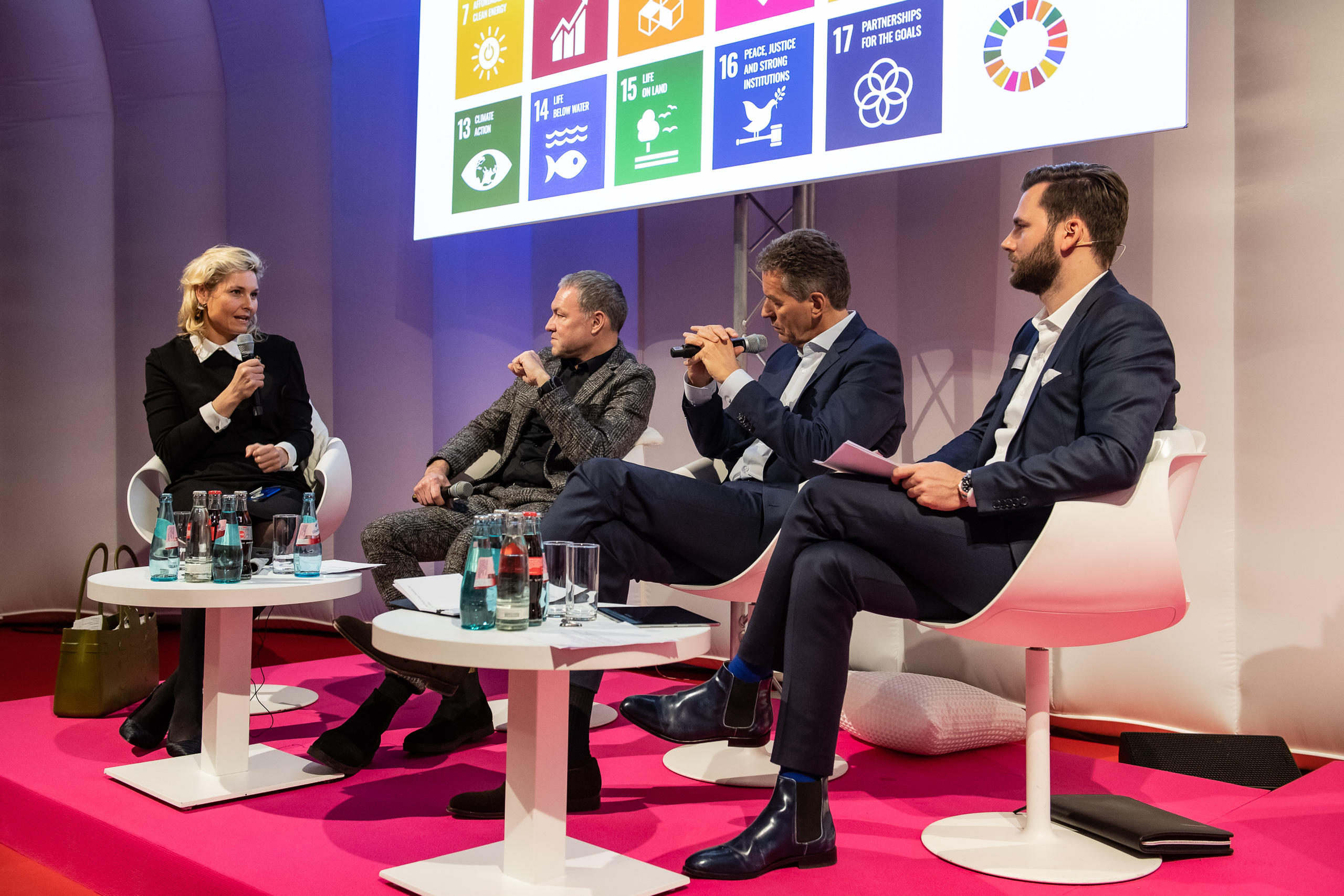 Heimtextil 2020, opening press conference, l.t.r. Lucie Brigham, CHIEF OF OFFICE, United Nations Office for Partnerships, Olaf Schmidt, Detlef Braun, Thimo Schwenzfeier