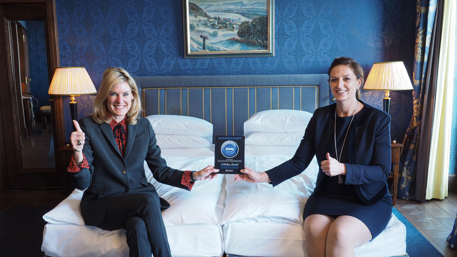 General Manager Tanja Wegmann and Executive Housekeeper Sandra Staats from Les Trois Rois in Basel, the first hotel in Switzerland to receive the CLEAN-SLEEPING-AWARD.