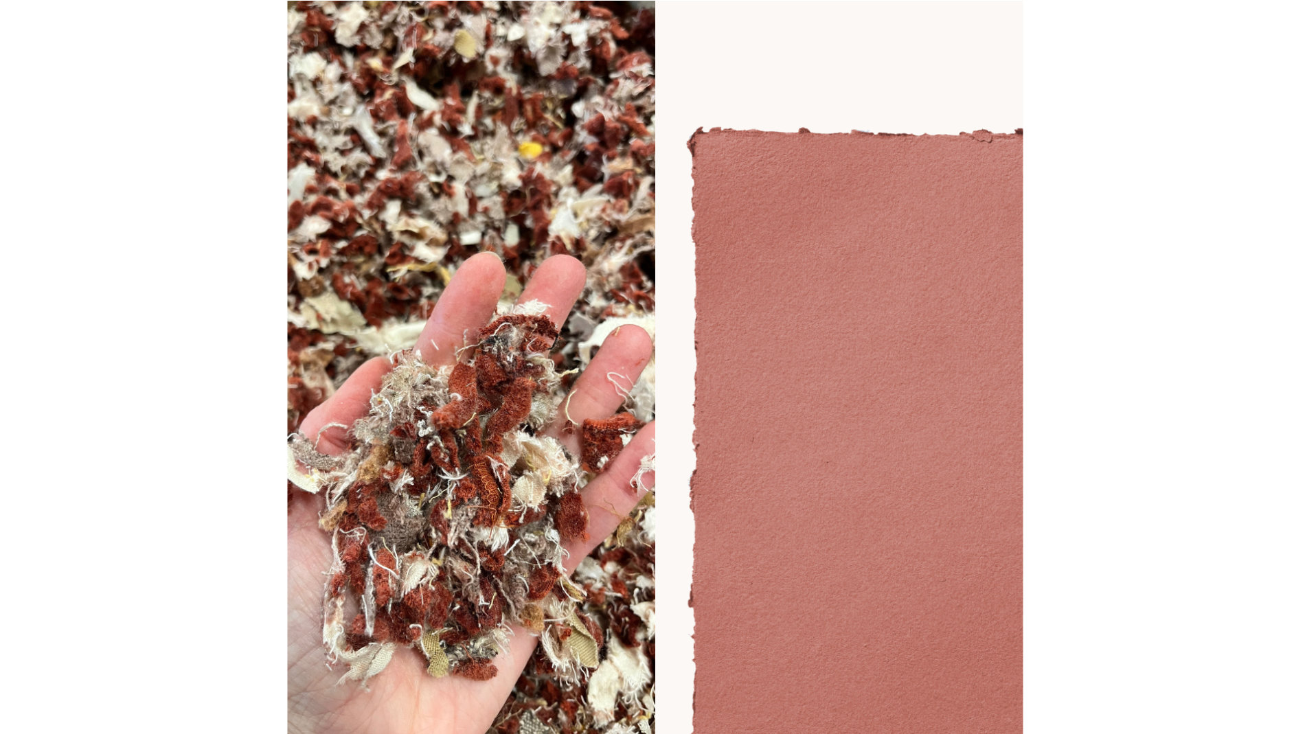 Recycelte Textilfasern neben neuem Materialmuster